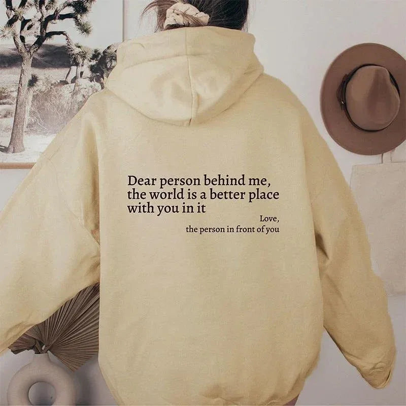 ''Dear Person Behind Me'' Plush Hoodie Khaki color with logo and black text
