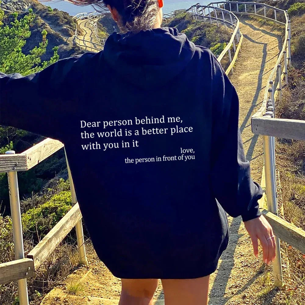 ''Dear Person Behind Me'' Plush Hoodie Tibetan blue with logo and white characters