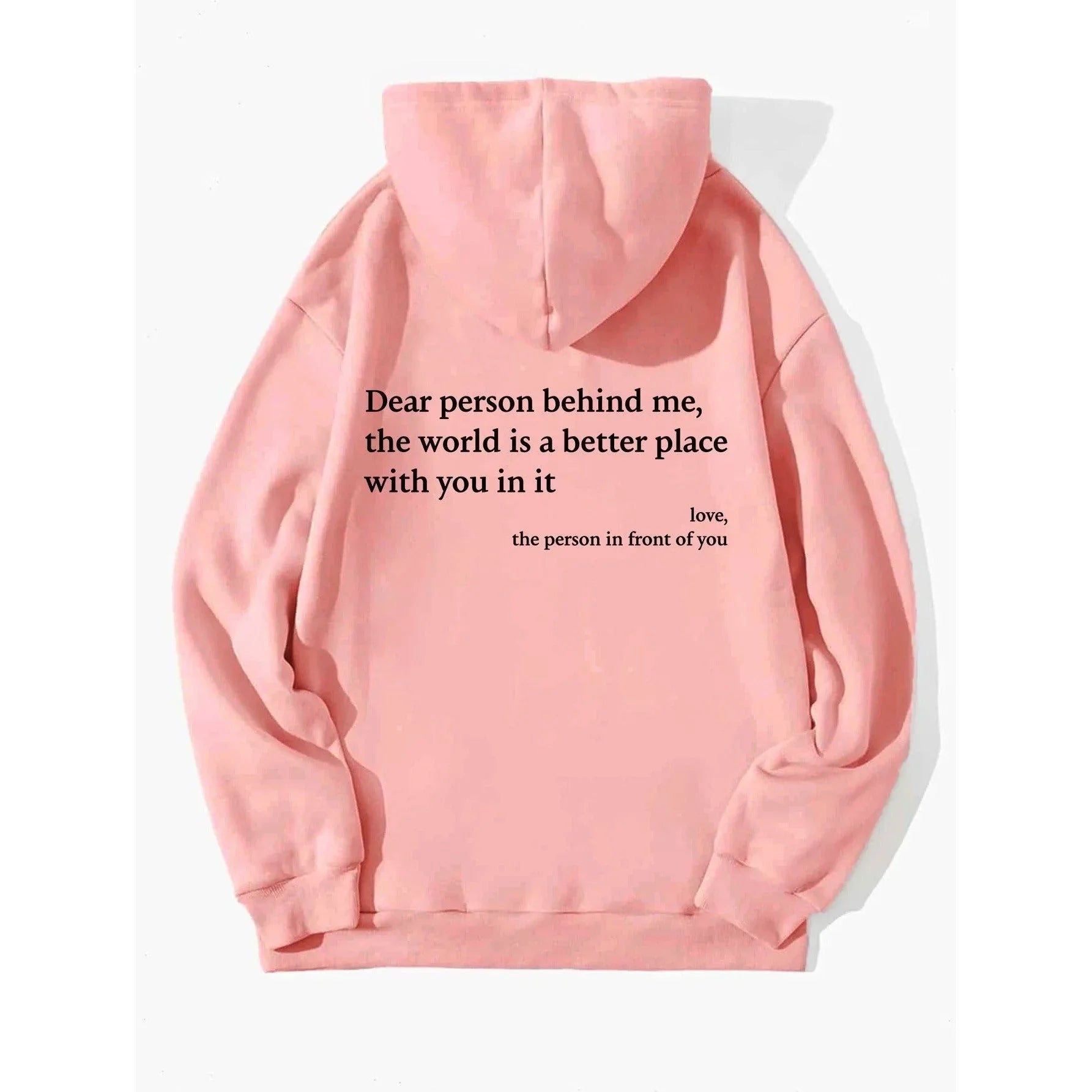 ''Dear Person Behind Me'' Plush Hoodie Pink with logo and black text