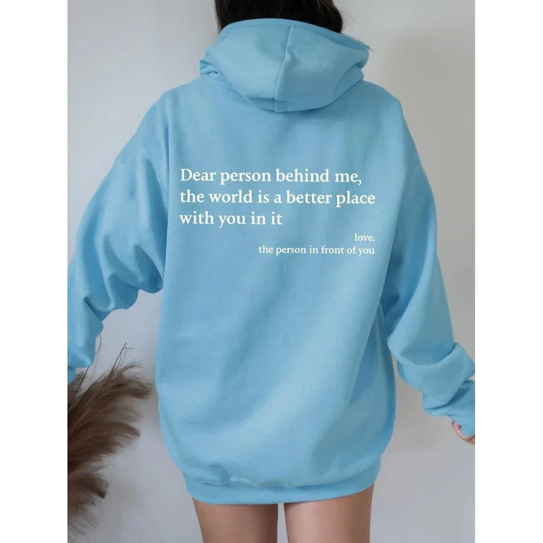 ''Dear Person Behind Me'' Plush Hoodie Sky blue with logo and white text