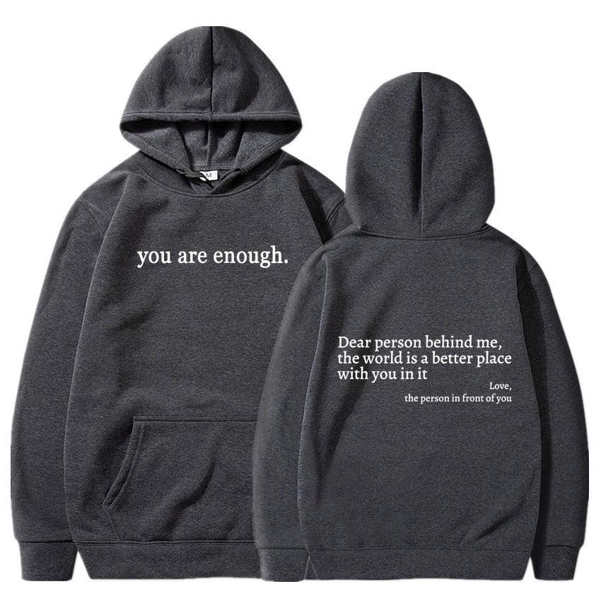 ''Dear Person Behind Me'' Plush Hoodie Dark gray with logo and white text
