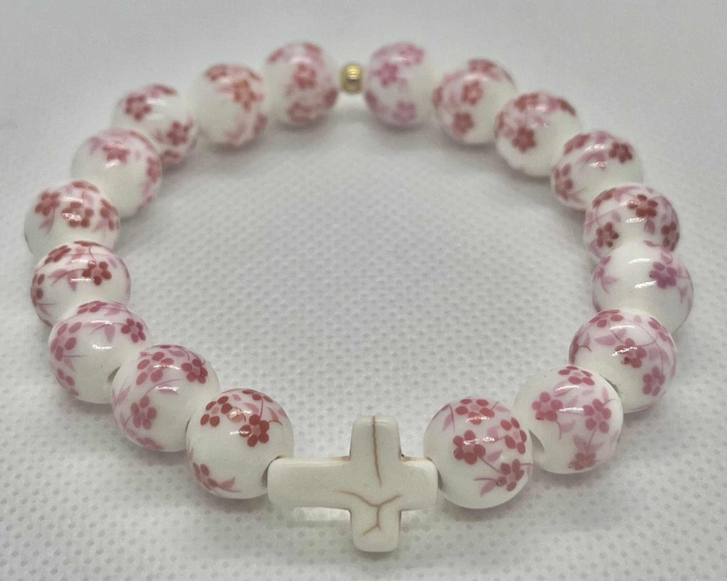 Cross Bead Bracelet Collection - Faith-Inspired Jewelry Pink floral