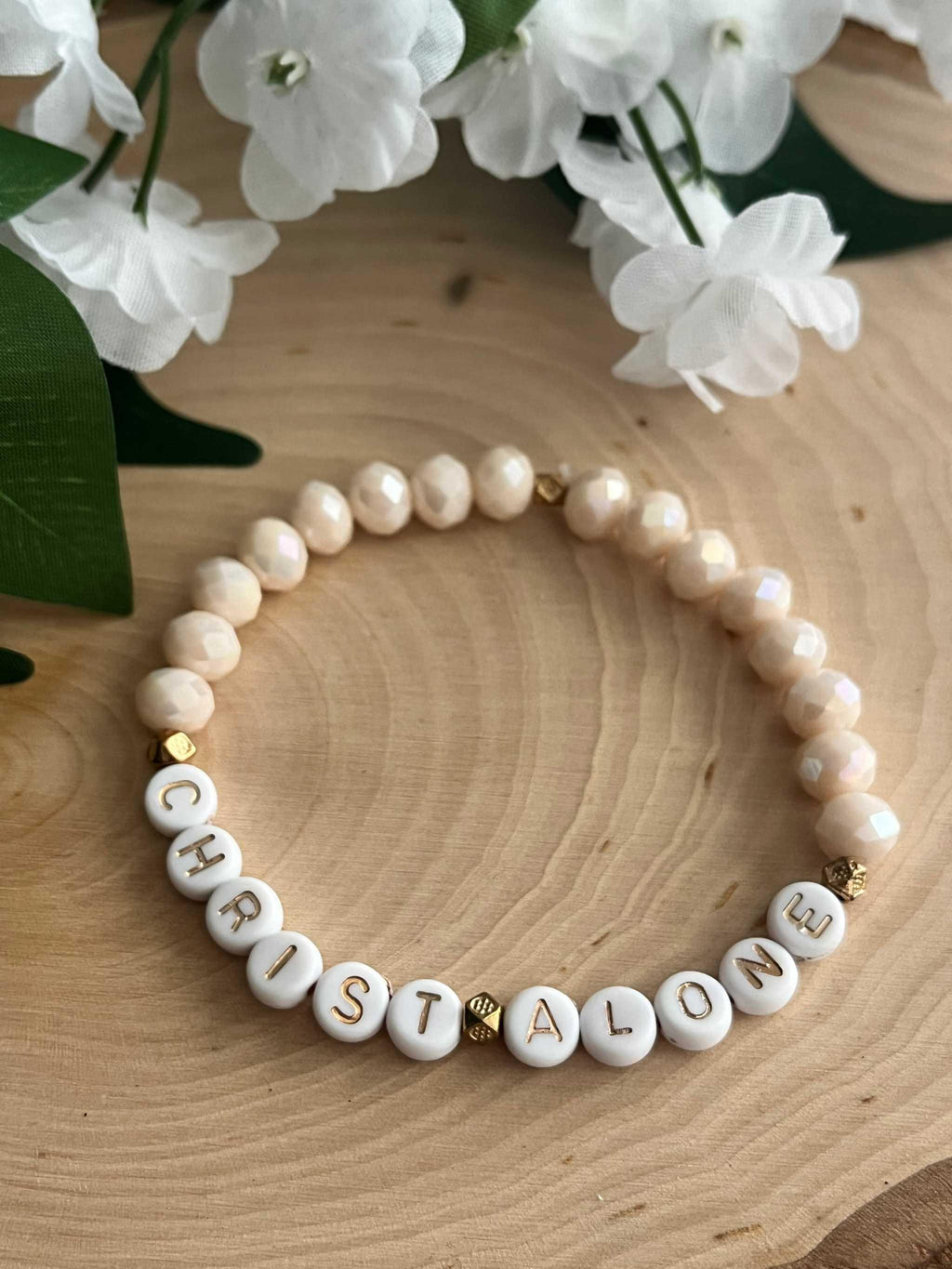Bead Bracelet Christ Alone Peach or White Christian Jewelry Peach