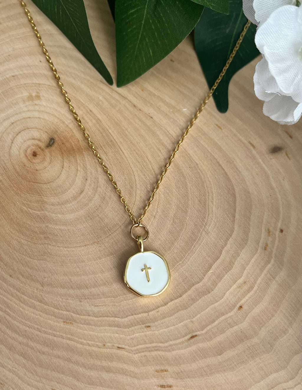 Gold Necklace 18K White Cross Pendant