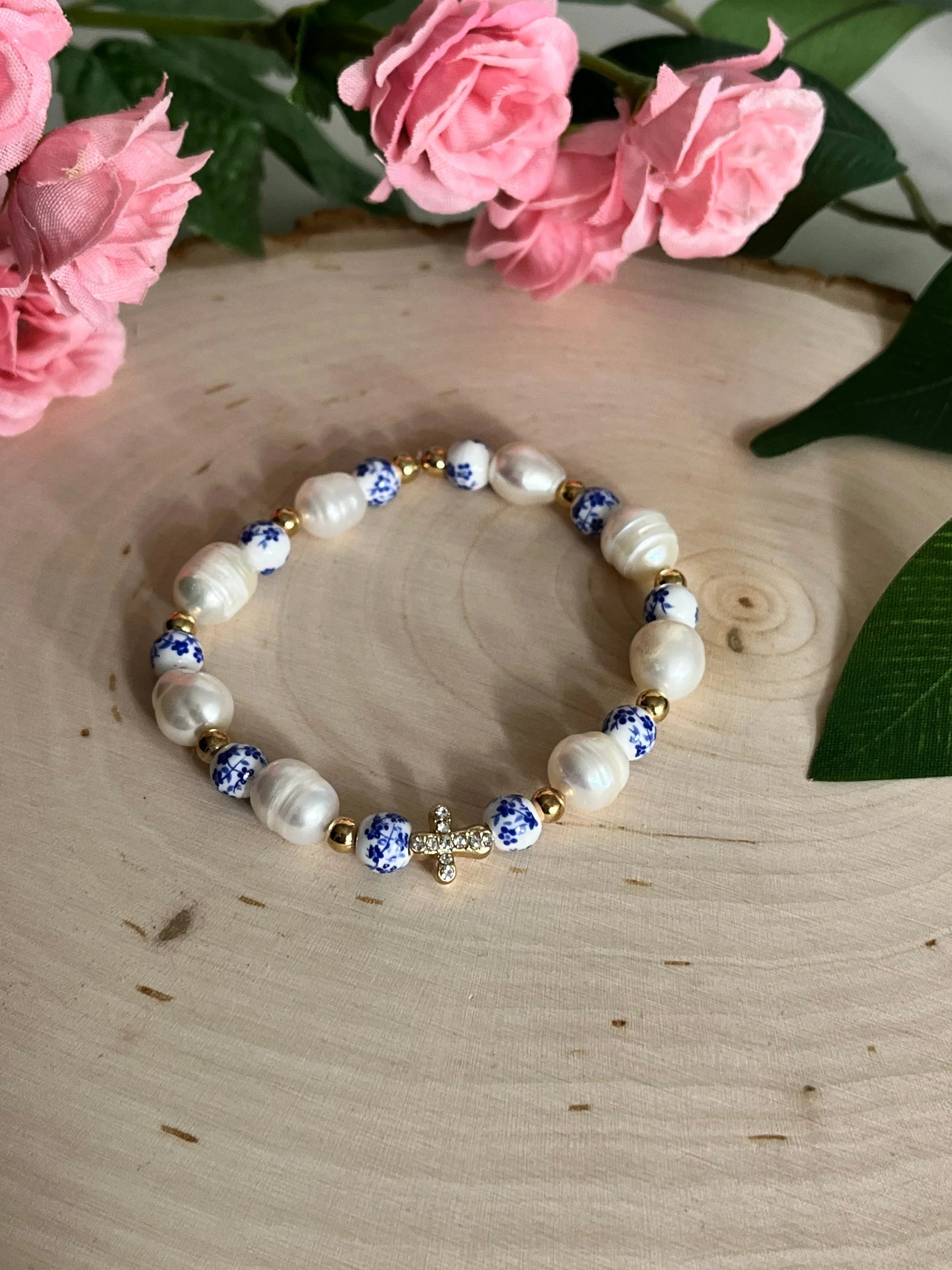 Floral Pearl Cross Bracelet – Christian Jewelry for Women