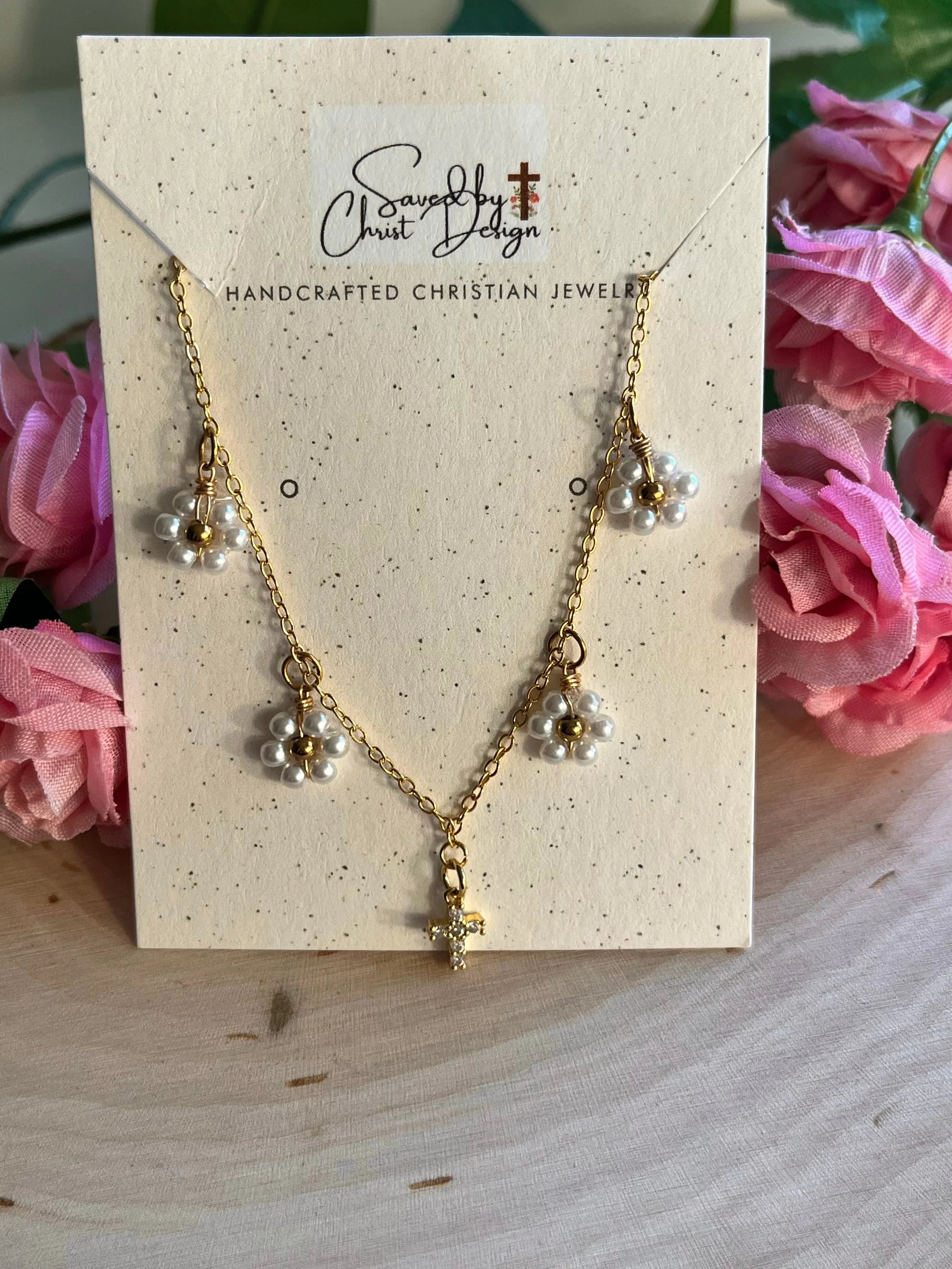 Gold Necklace – 16K Faith Pendant with Daisies and Cross