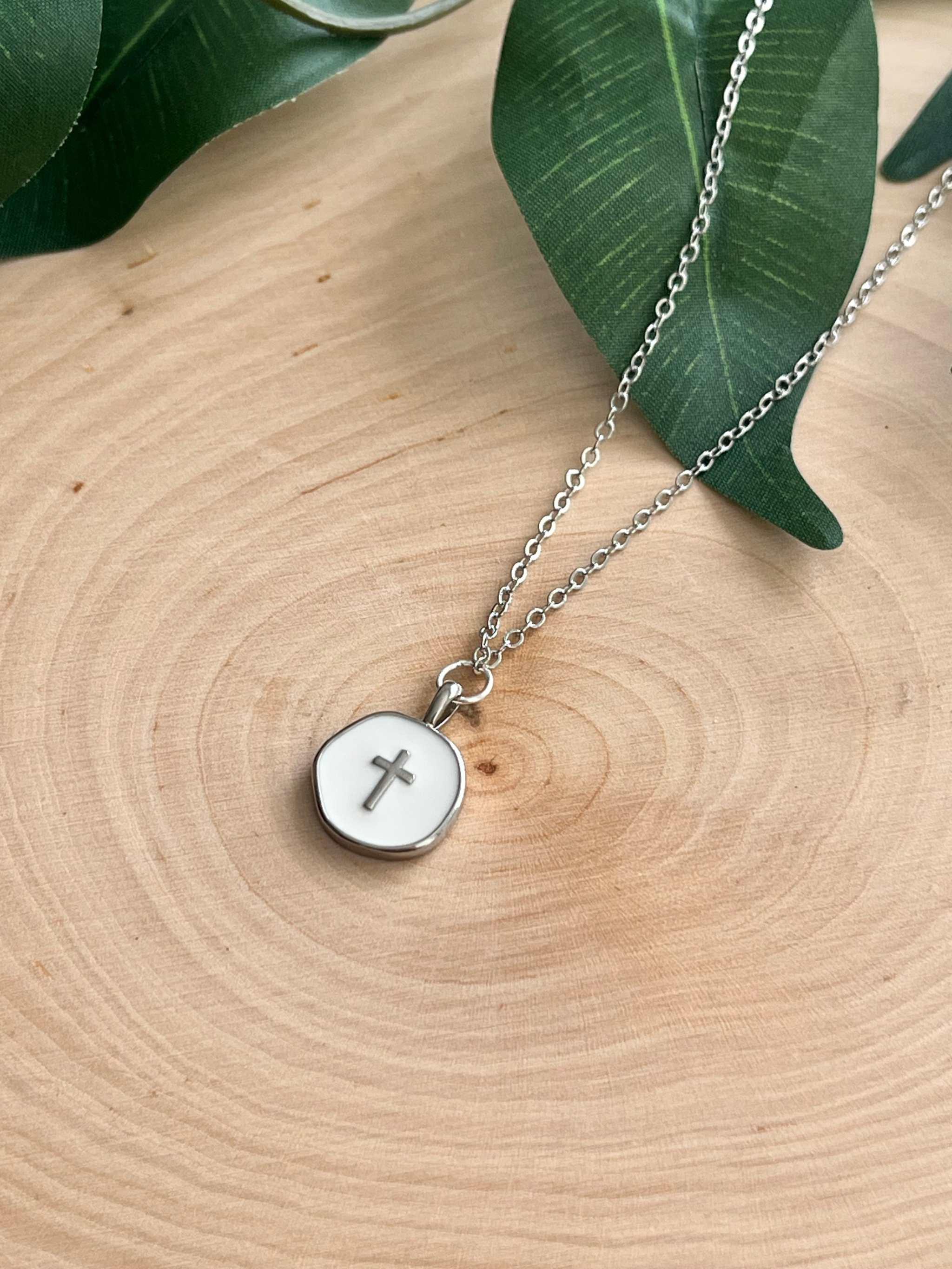 Silver Necklace White Cross Pendant - Elegant 18" Hypoallergenic Design