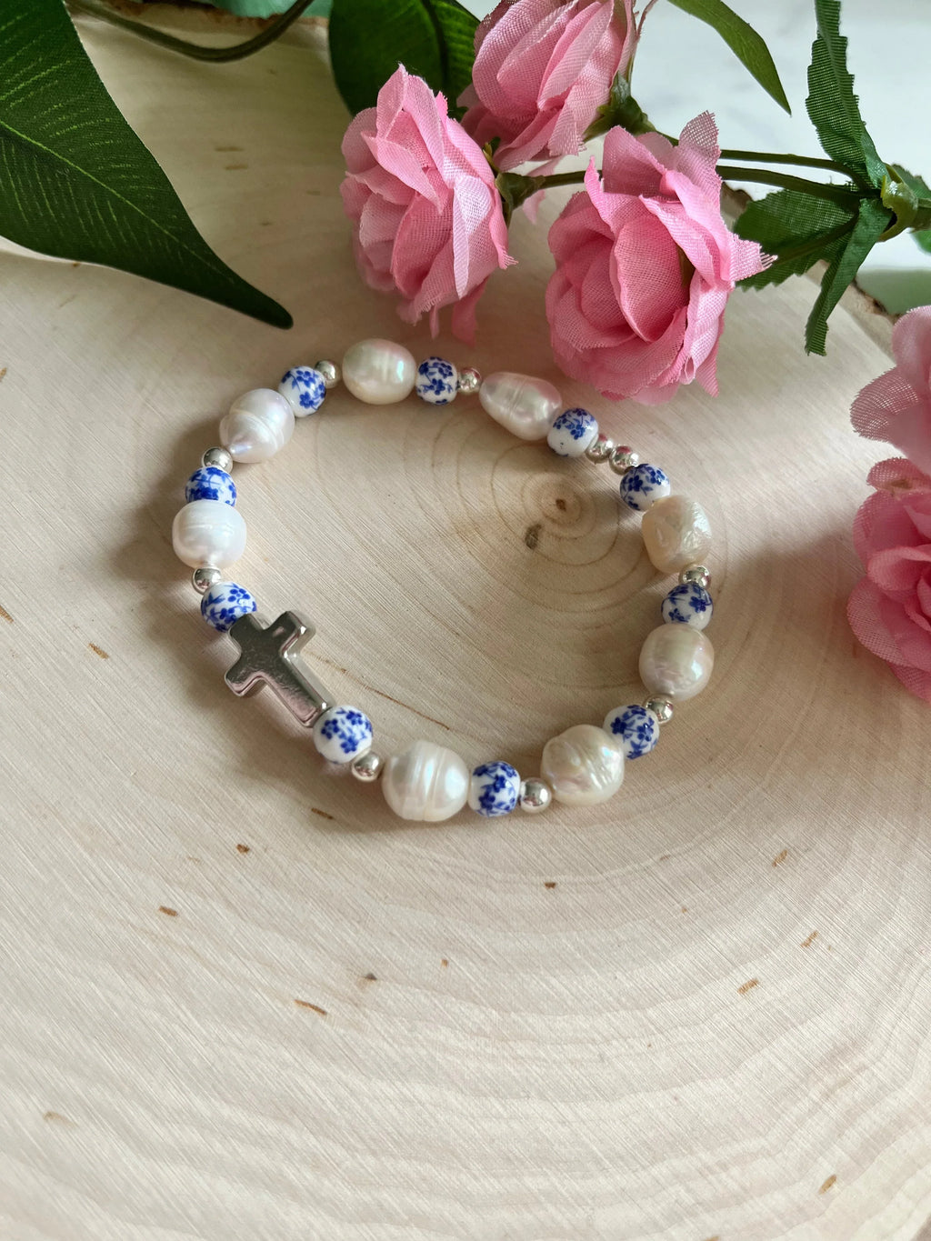 Floral Pearl Cross Bracelet – Christian Jewelry for Women