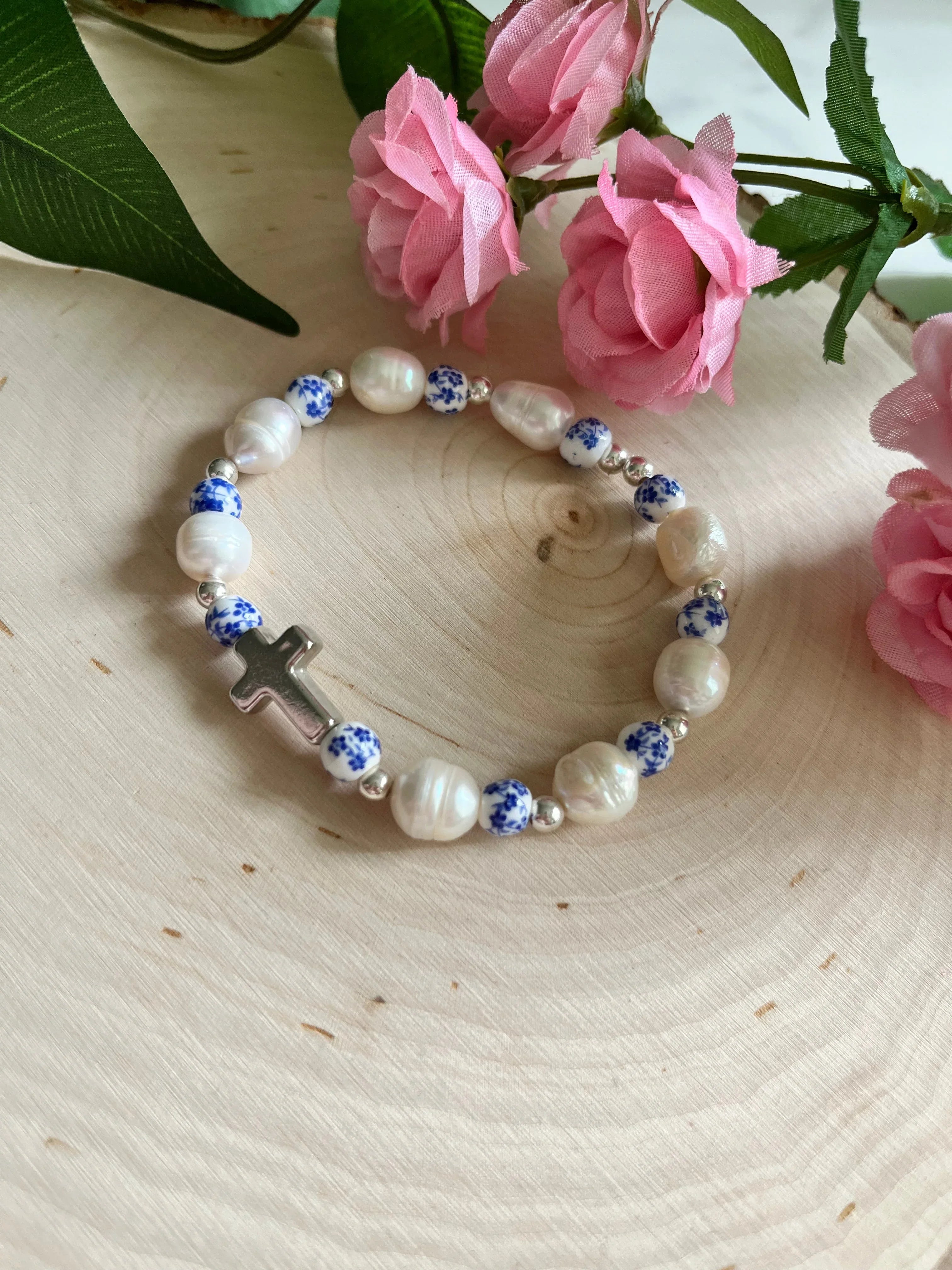 Floral Pearl Cross Bracelet – Christian Jewelry for Women