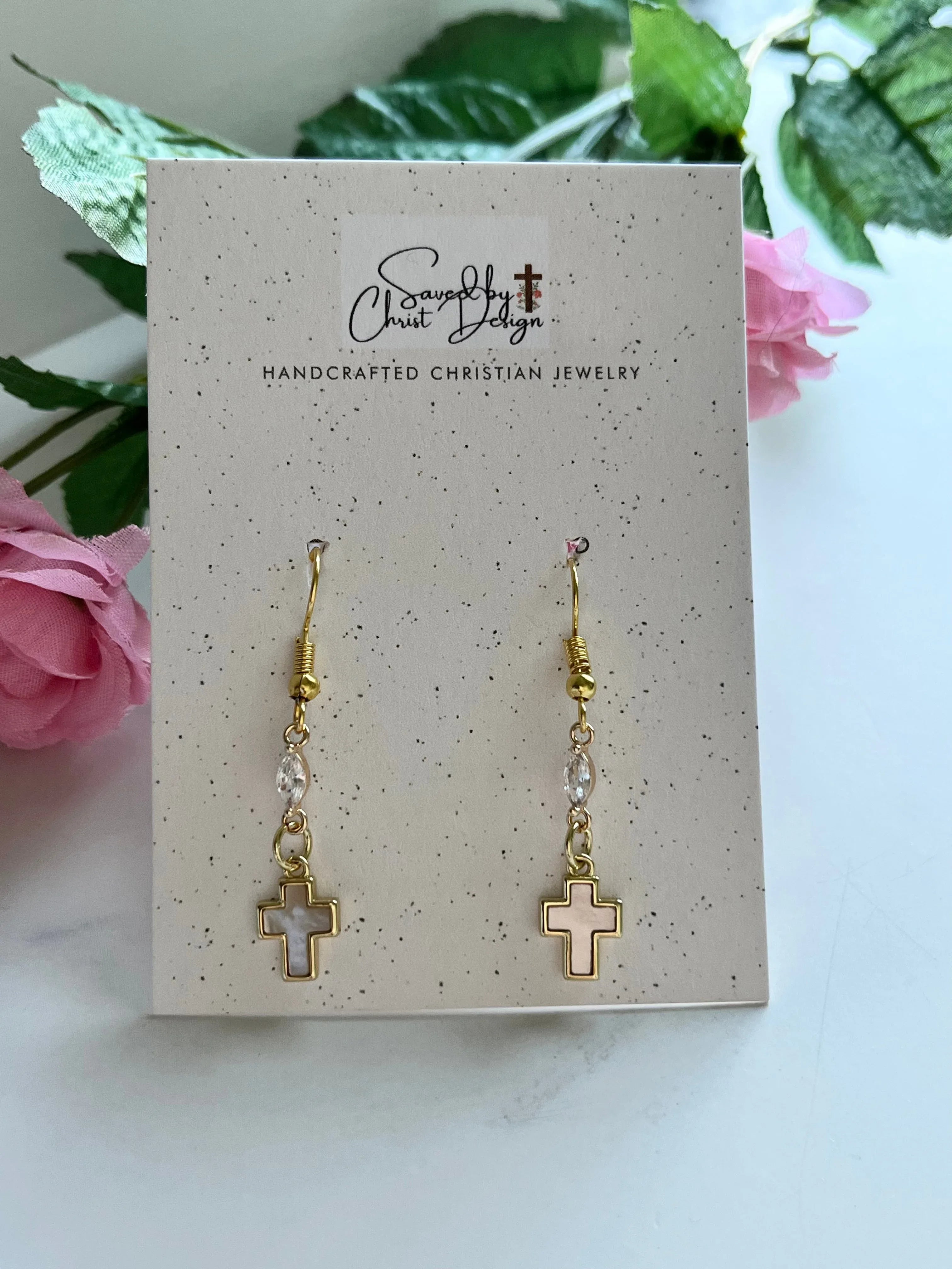 Mother of Pearl Gold Cross Earrings – Christian Faith Jewelry for Women