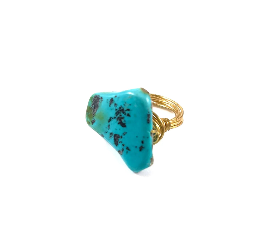 Chunky Turquoise Statement Ring – Brass Wire Wrapped, Size 6