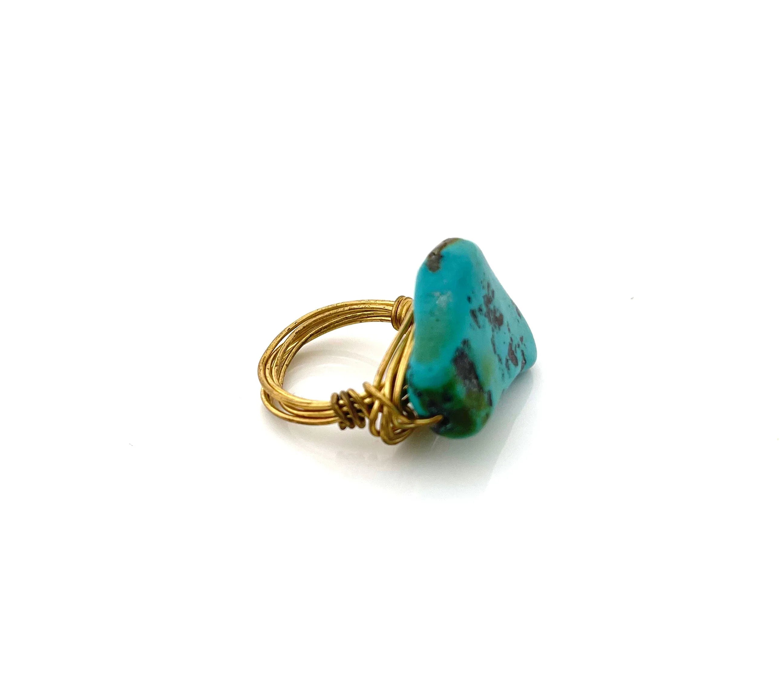 Chunky Turquoise Statement Ring – Brass Wire Wrapped, Size 6