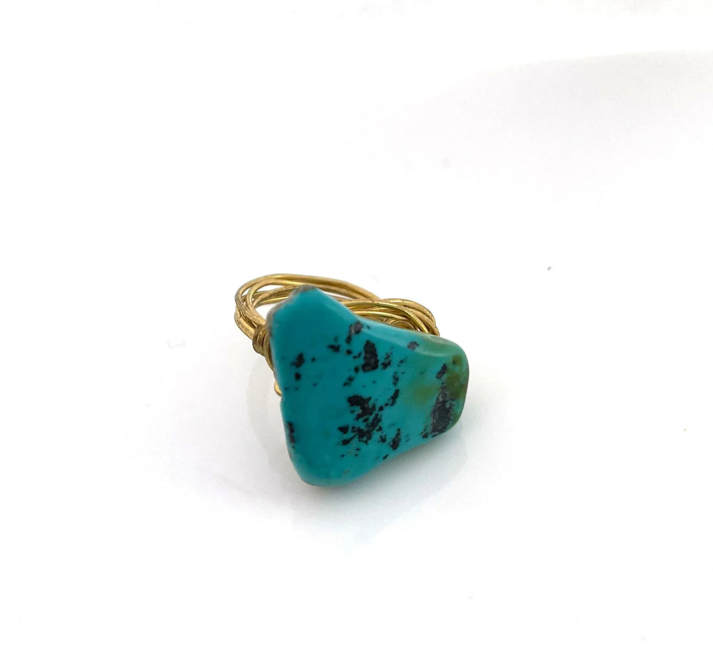 Chunky Turquoise Statement Ring – Brass Wire Wrapped, Size 6