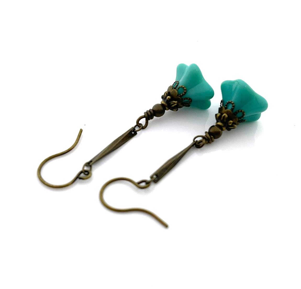 Czech Glass Turquoise Flower Earrings – Brass Dangle Earrings, 1.75"