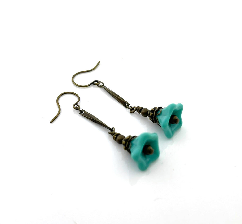 Czech Glass Turquoise Flower Earrings – Brass Dangle Earrings, 1.75"
