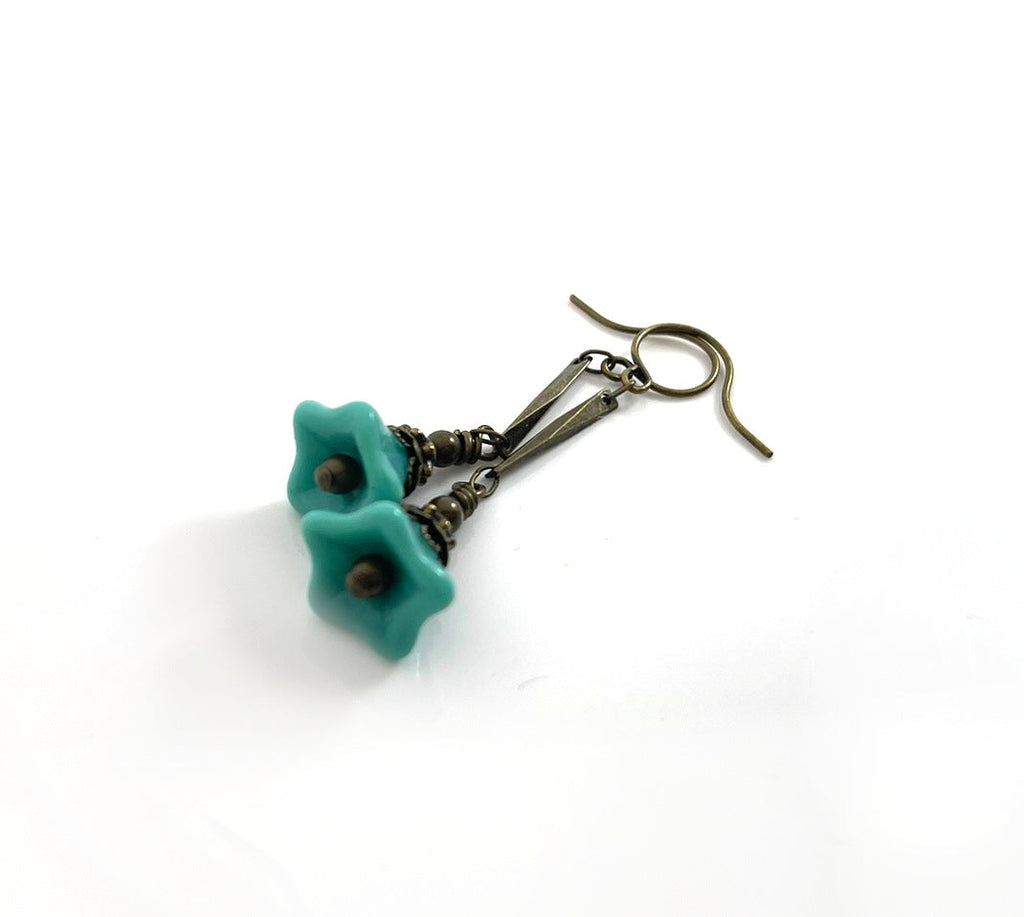 Czech Glass Turquoise Flower Earrings – Brass Dangle Earrings, 1.75"