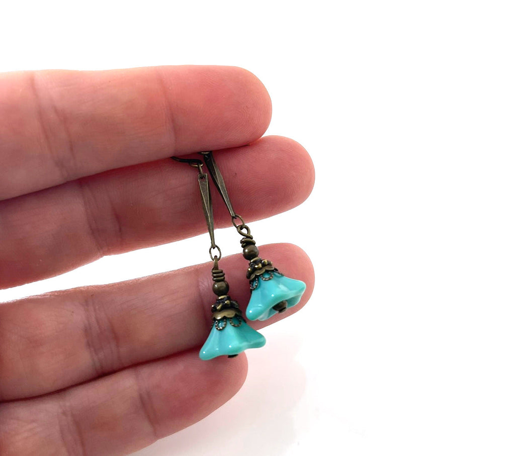 Czech Glass Turquoise Flower Earrings – Brass Dangle Earrings, 1.75"