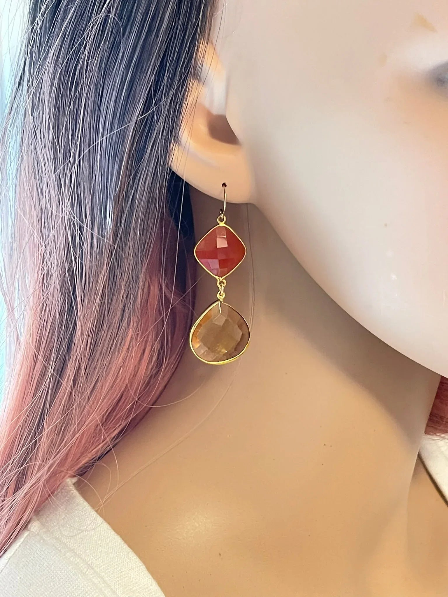 Carnelian & Amber Topaz Drop Earrings – 14k Gold Filled, Sunset Ombre, 2”
