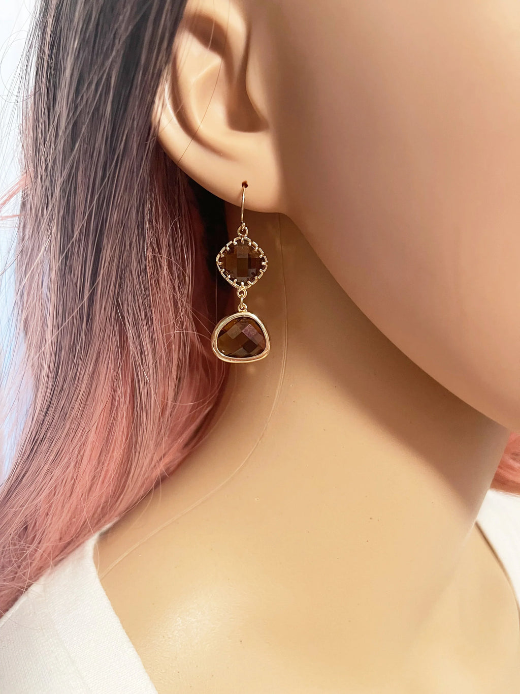 Faceted Topaz Glass Drop Earrings – 14k Gold Filled, 1.5” Vintage-Inspired Dangles