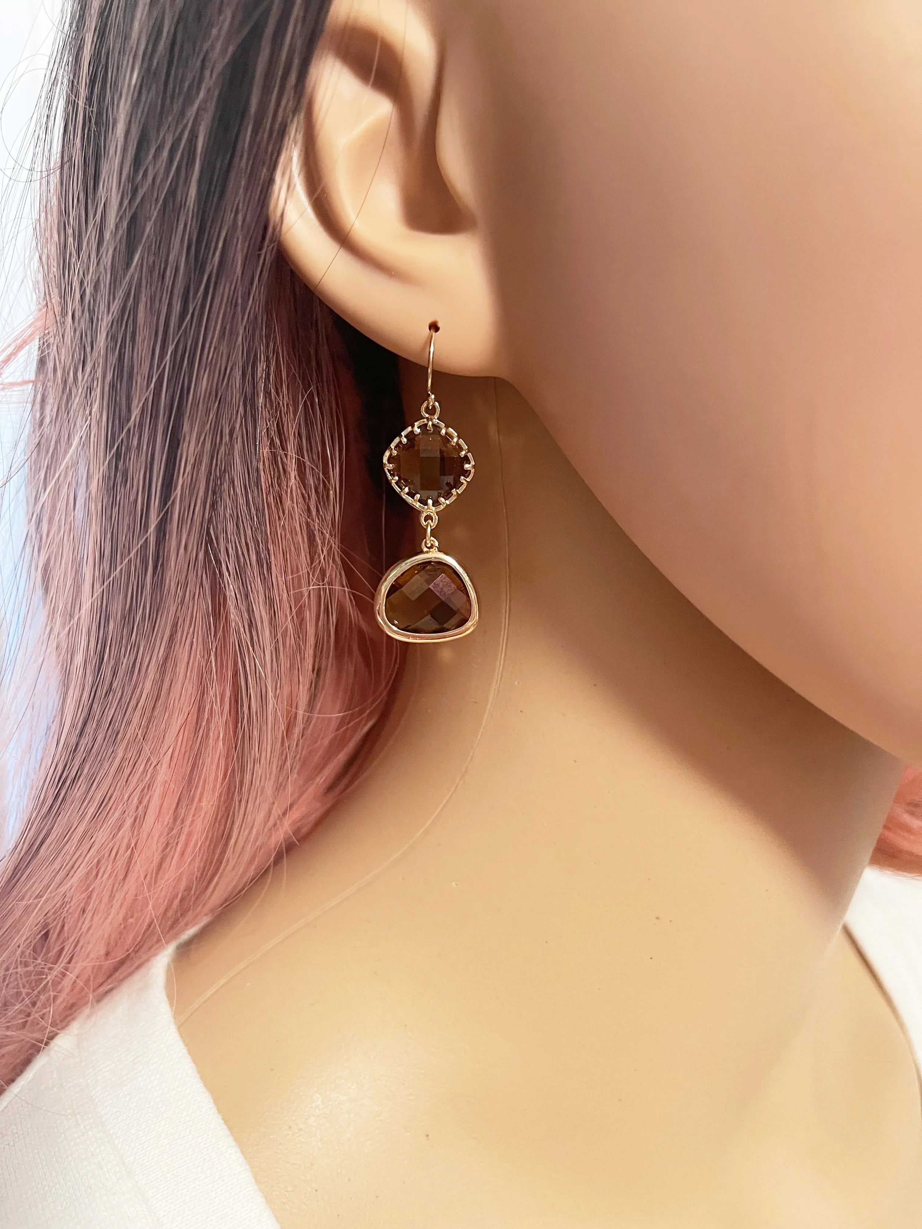 Faceted Topaz Glass Drop Earrings – 14k Gold Filled, 1.5” Vintage-Inspired Dangles