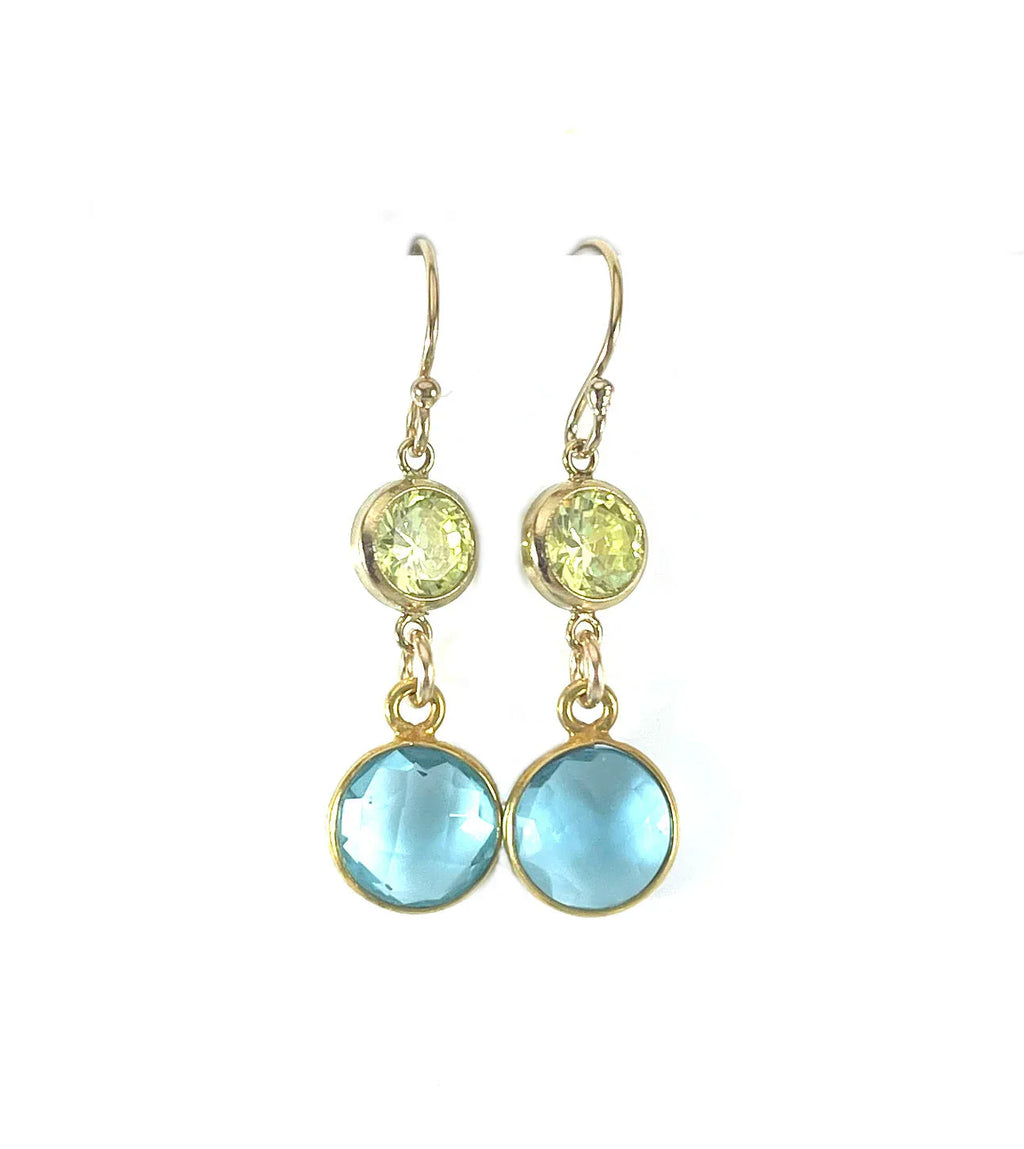 Aqua Hydro Quartz & Peridot Crystal Drop Earrings – 14k Gold Filled, Dainty 1.25”