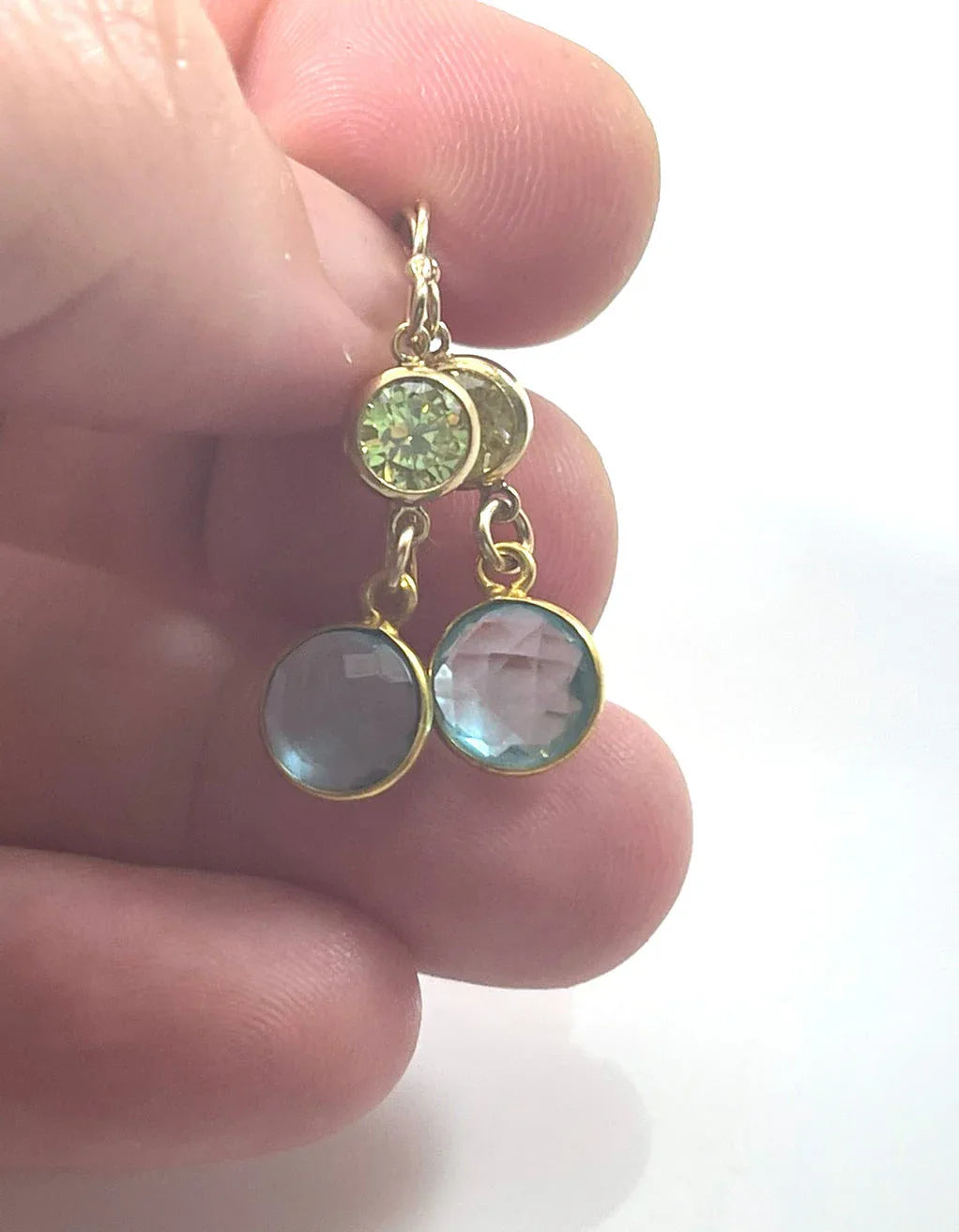 Aqua Hydro Quartz & Peridot Crystal Drop Earrings – 14k Gold Filled, Dainty 1.25”