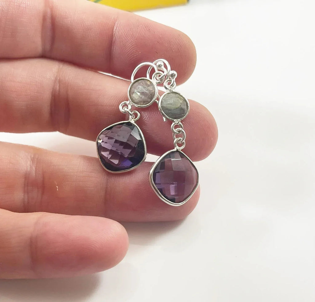 Amethyst & Labradorite Drop Earrings – Sterling Silver, 1.5”
