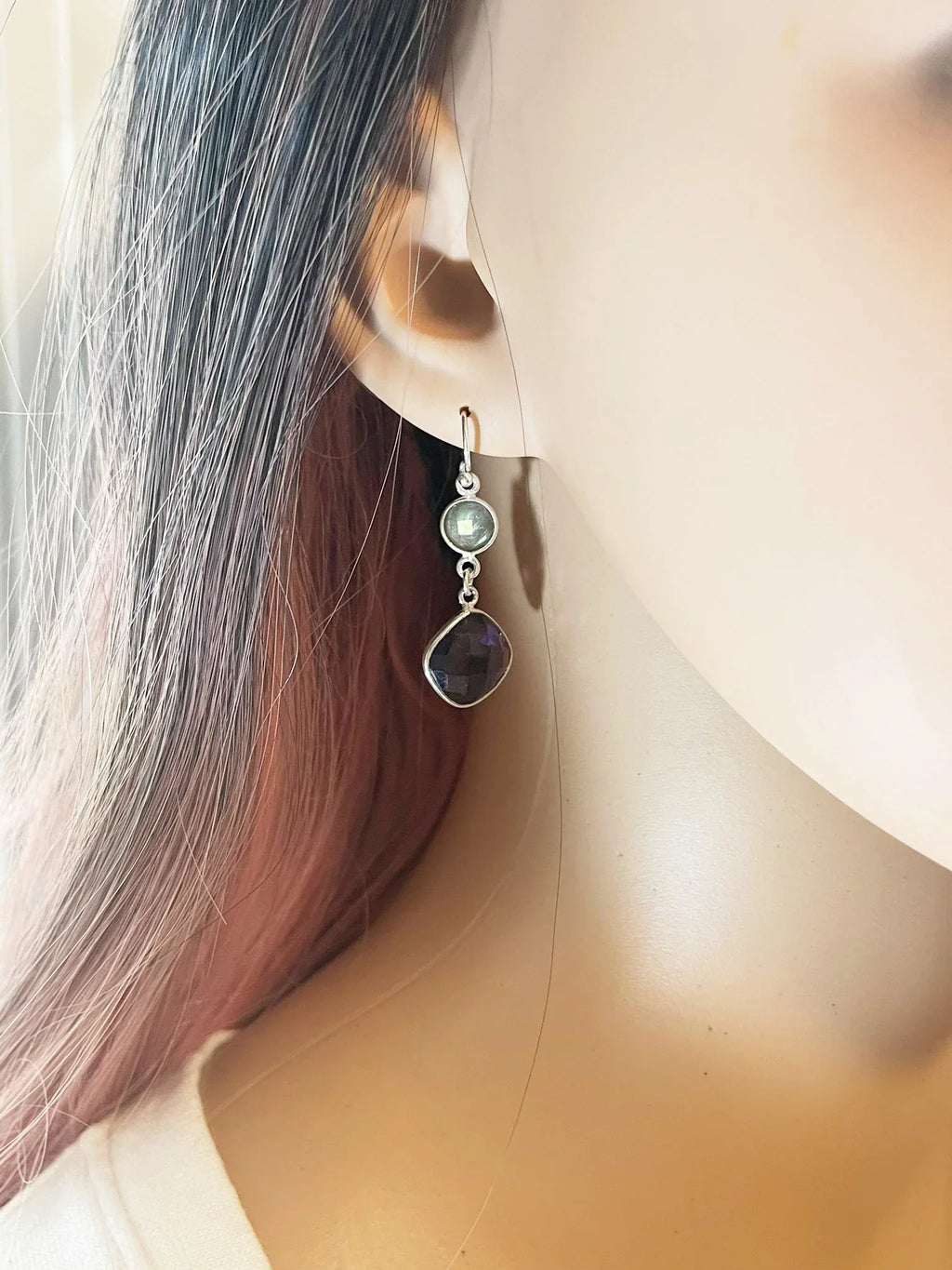 Amethyst & Labradorite Drop Earrings – Sterling Silver, 1.5”