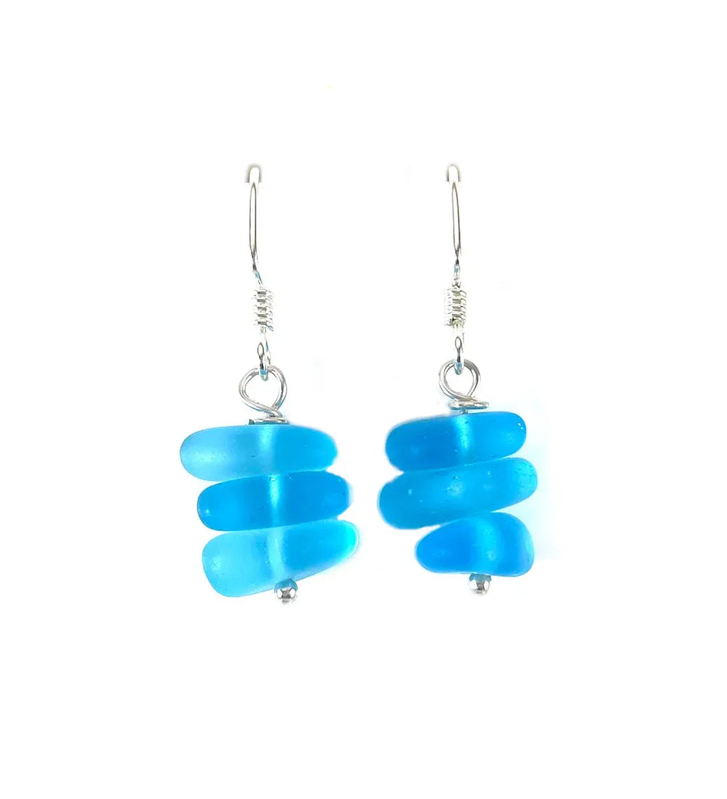 Aqua Blue Sea Glass Trio Stack Earrings – Sterling Silver, 1.25”