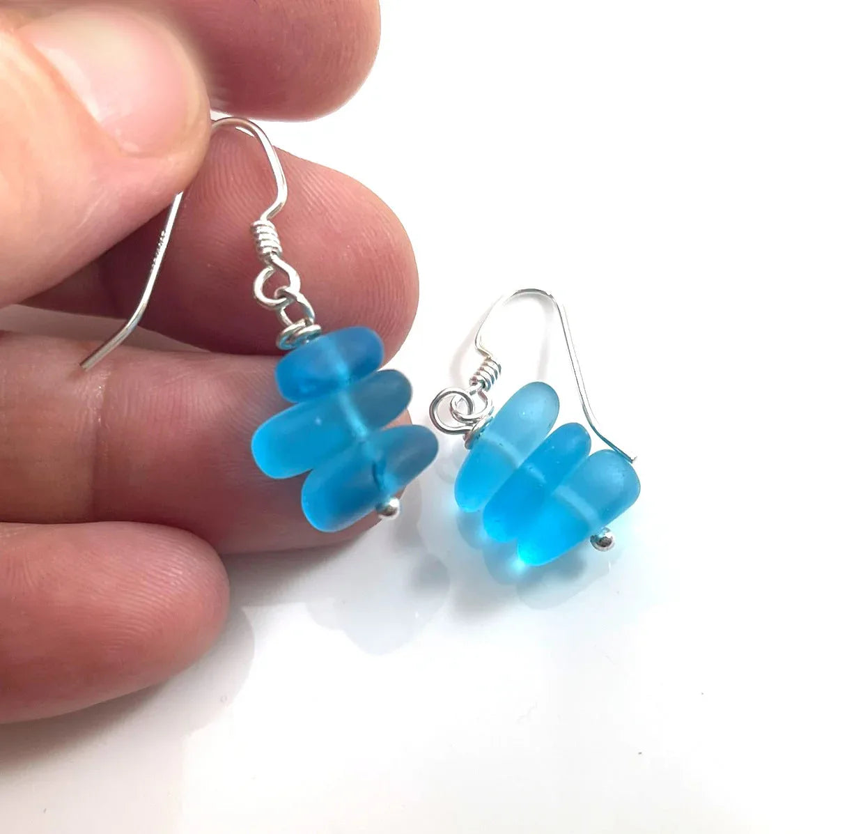 Aqua Blue Sea Glass Trio Stack Earrings – Sterling Silver, 1.25”
