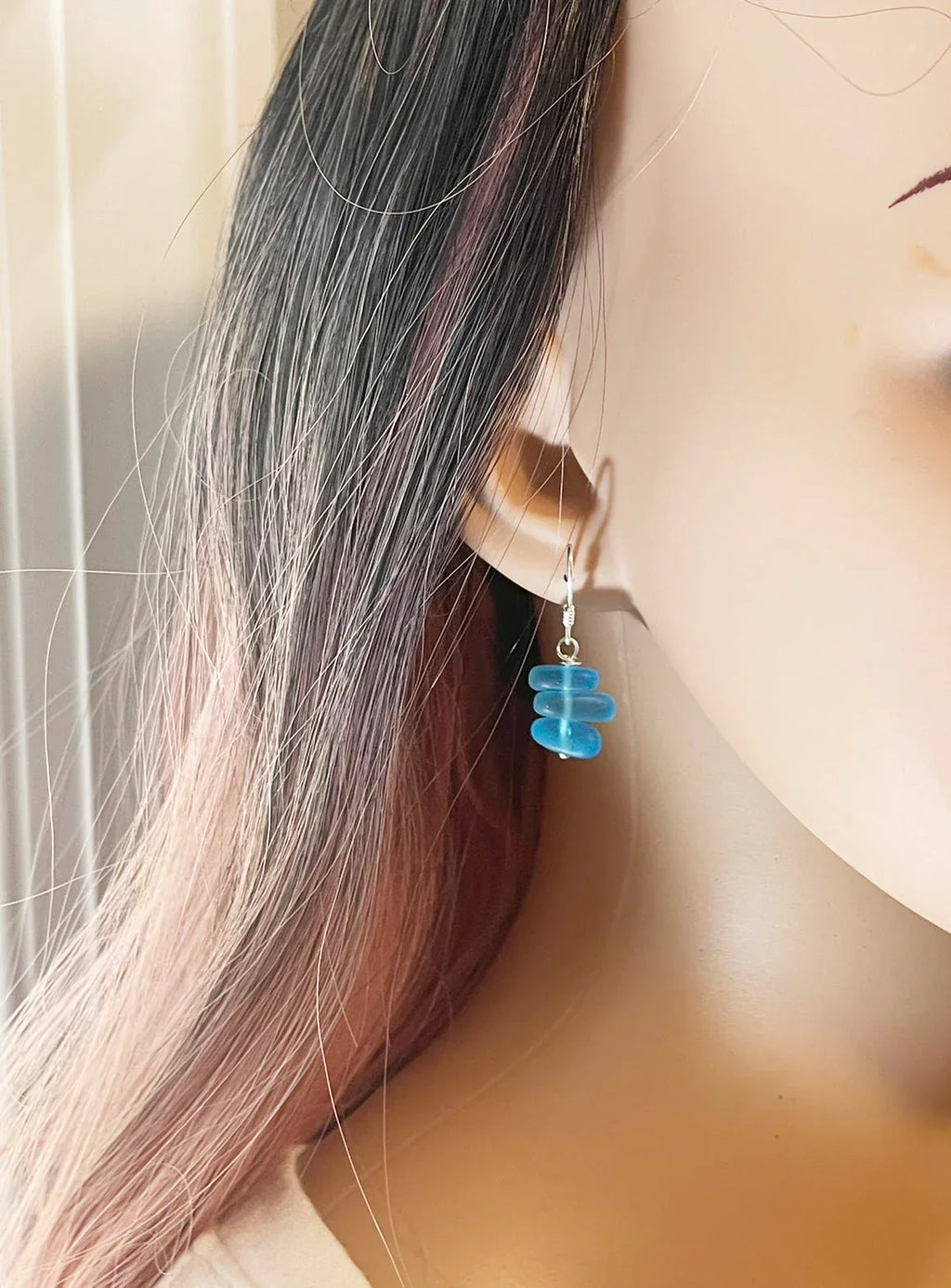 Aqua Blue Sea Glass Trio Stack Earrings – Sterling Silver, 1.25”