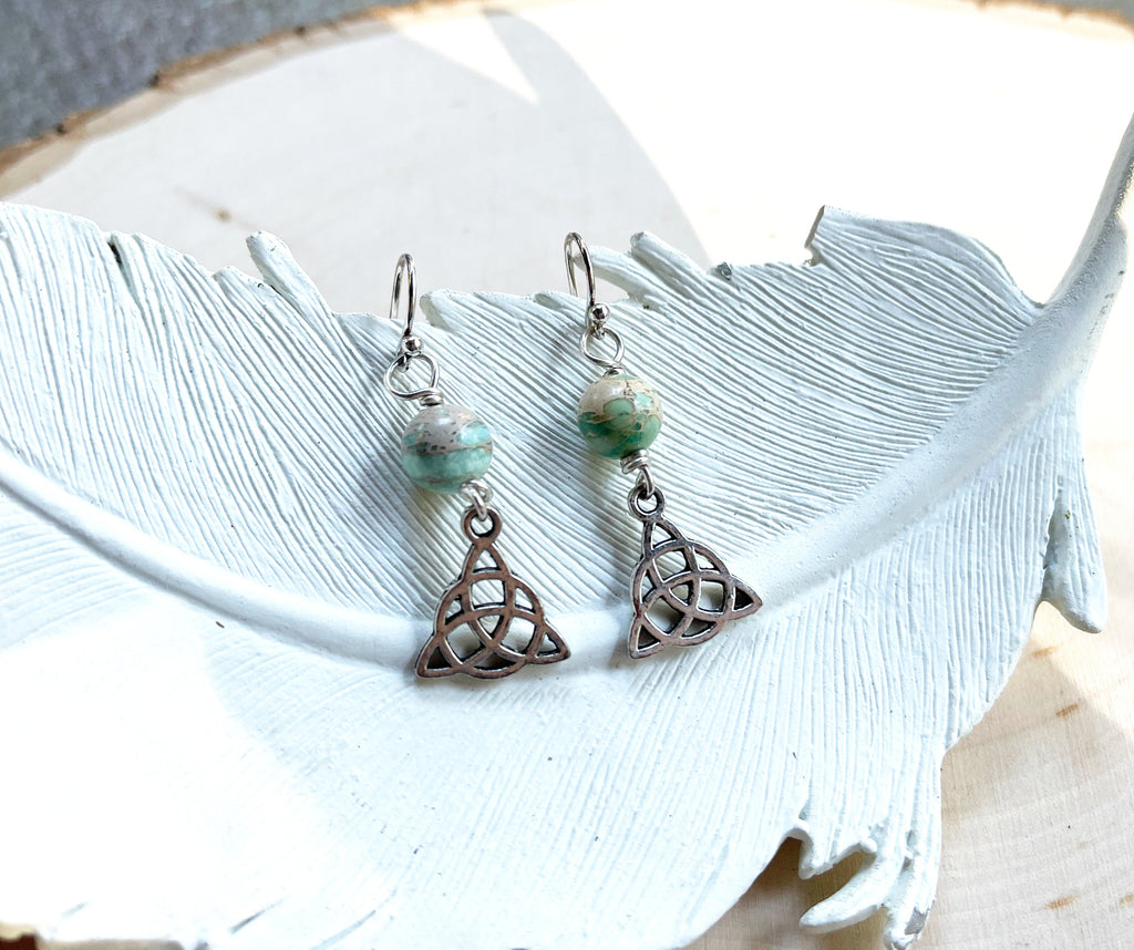 Celtic Charm and Seafoam Green Jasper Sterling Silver Earrings