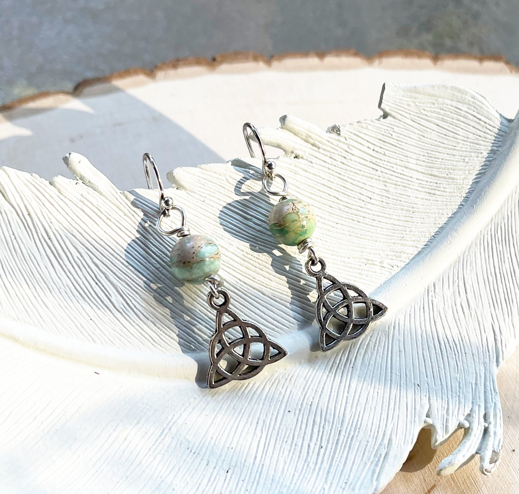 Celtic Charm and Seafoam Green Jasper Sterling Silver Earrings