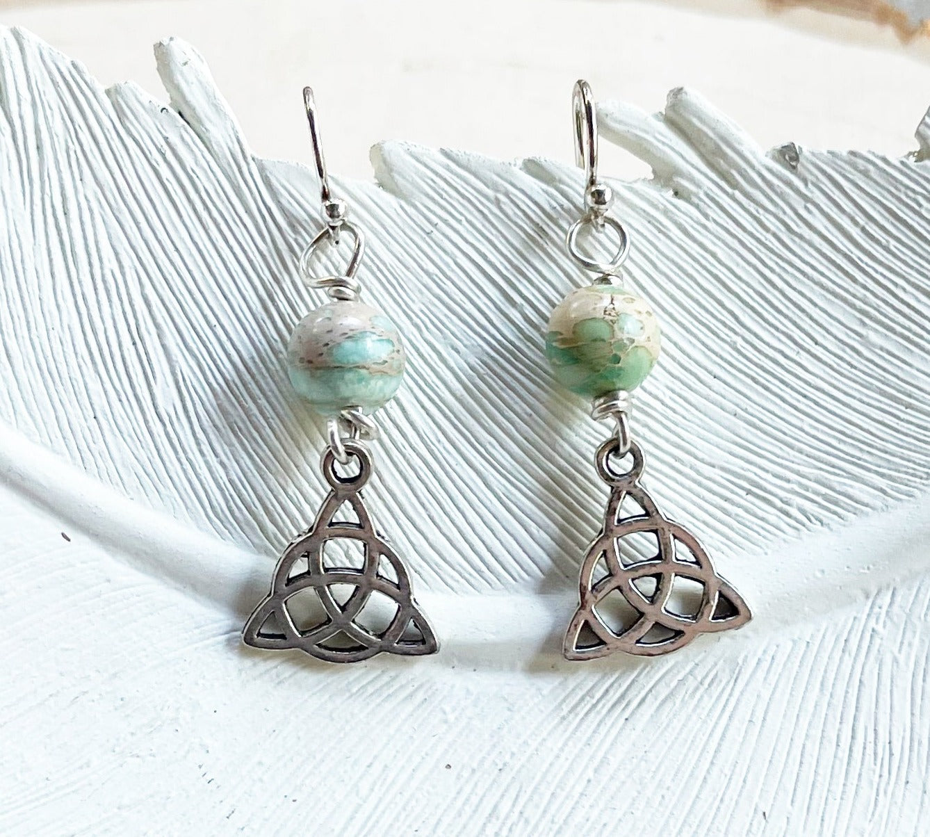 Celtic Charm and Seafoam Green Jasper Sterling Silver Earrings