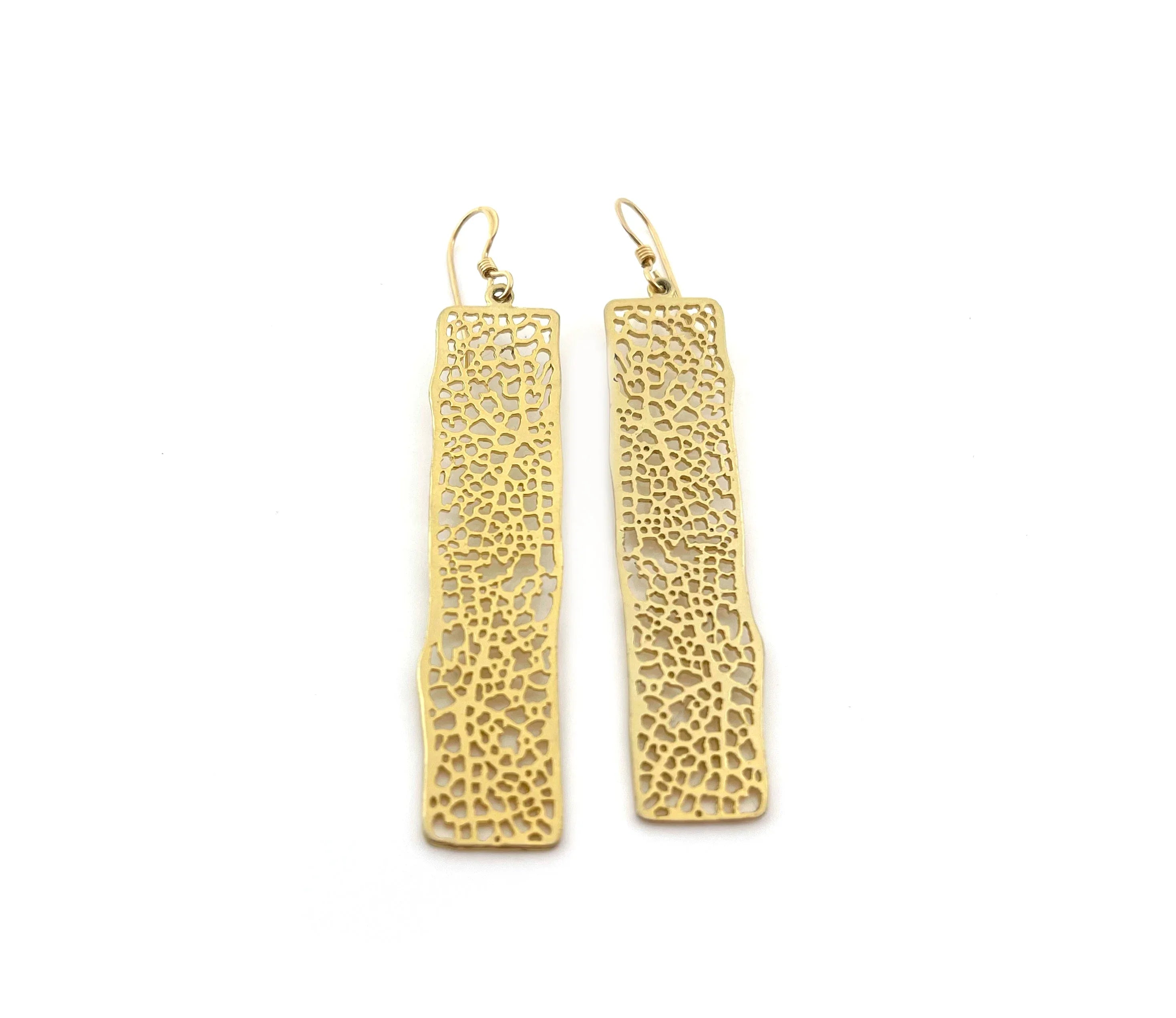 14k Gold Rectangle Filigree Dangle Mesh Earrings