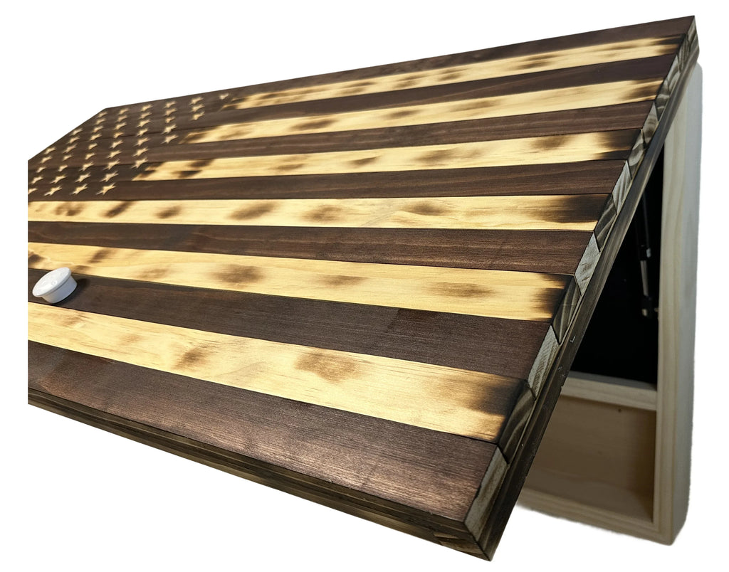 Rustic American Flag Hidden Gun Storage Cabinet Burnt Wood and Red Mahogany