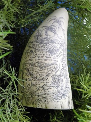 Sperm Whale Tooth Replica Scrimshaw 7 Inches Long Pirate Map Resin Model