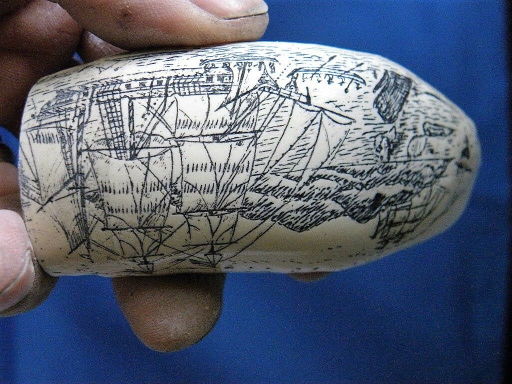 Sperm Whale Tooth Replica Scrimshaw 4 Inches Long Whaler Lion Resin Model