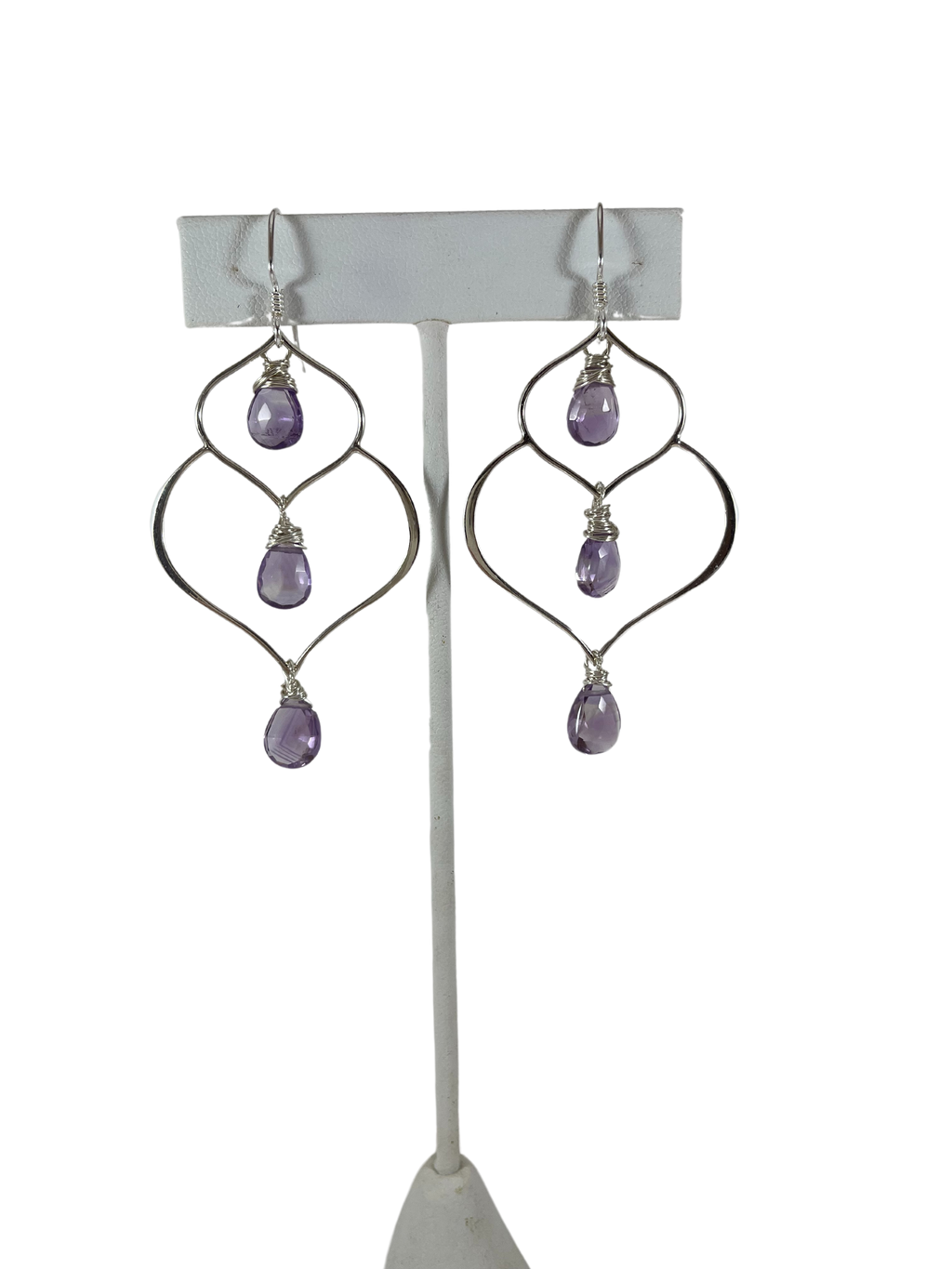 Amethyst Trio Drop Wire Wrapped Sterling Silver Earrings