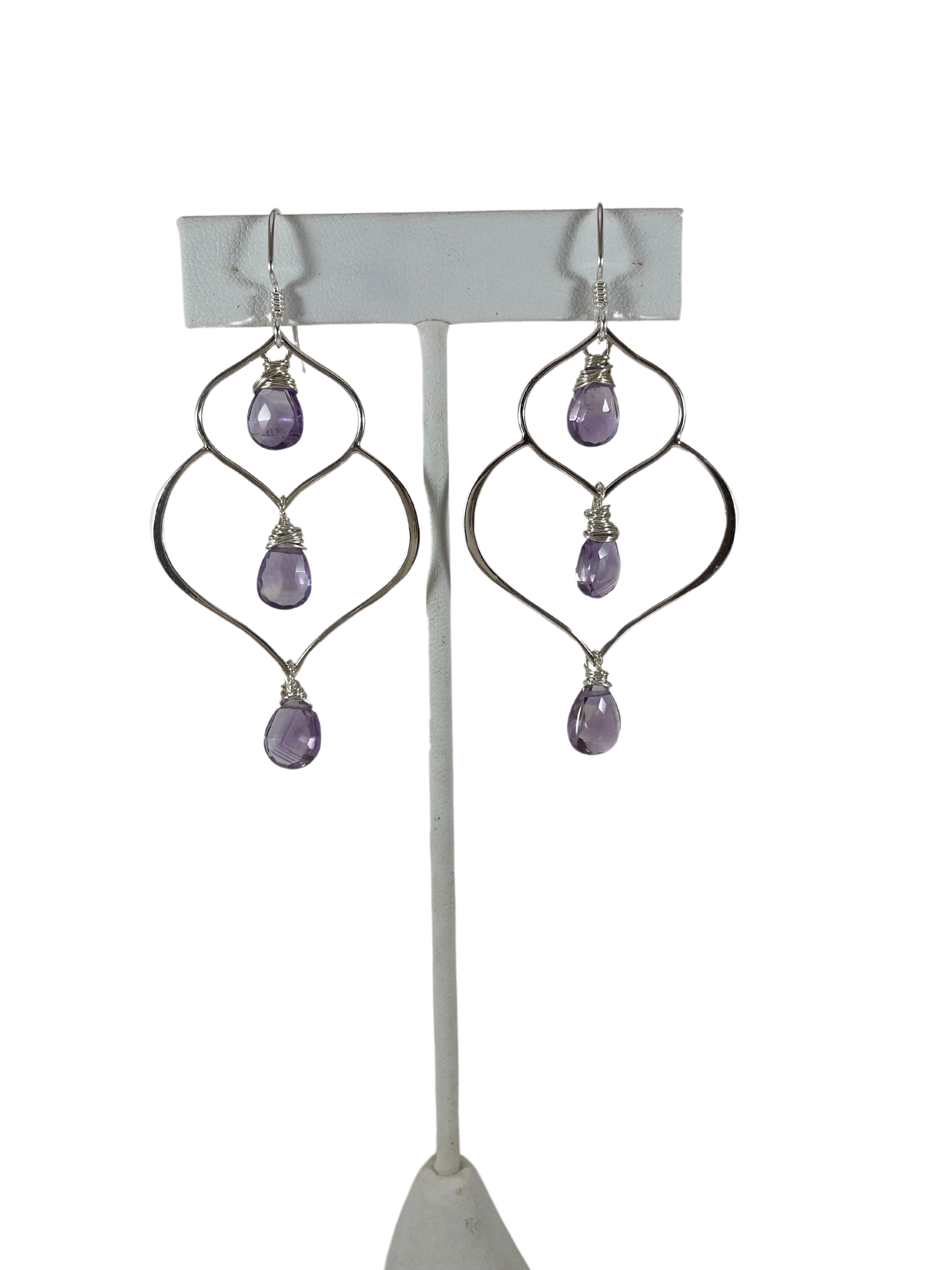 Amethyst Trio Drop Wire Wrapped Sterling Silver Earrings