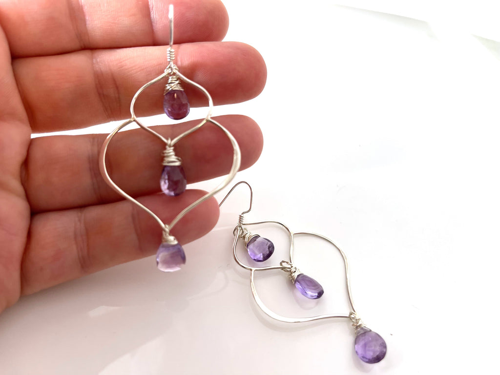 Amethyst Trio Drop Wire Wrapped Sterling Silver Earrings