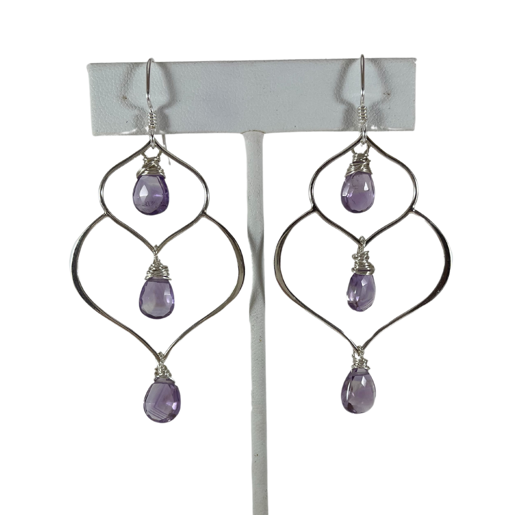 Amethyst Trio Drop Wire Wrapped Sterling Silver Earrings