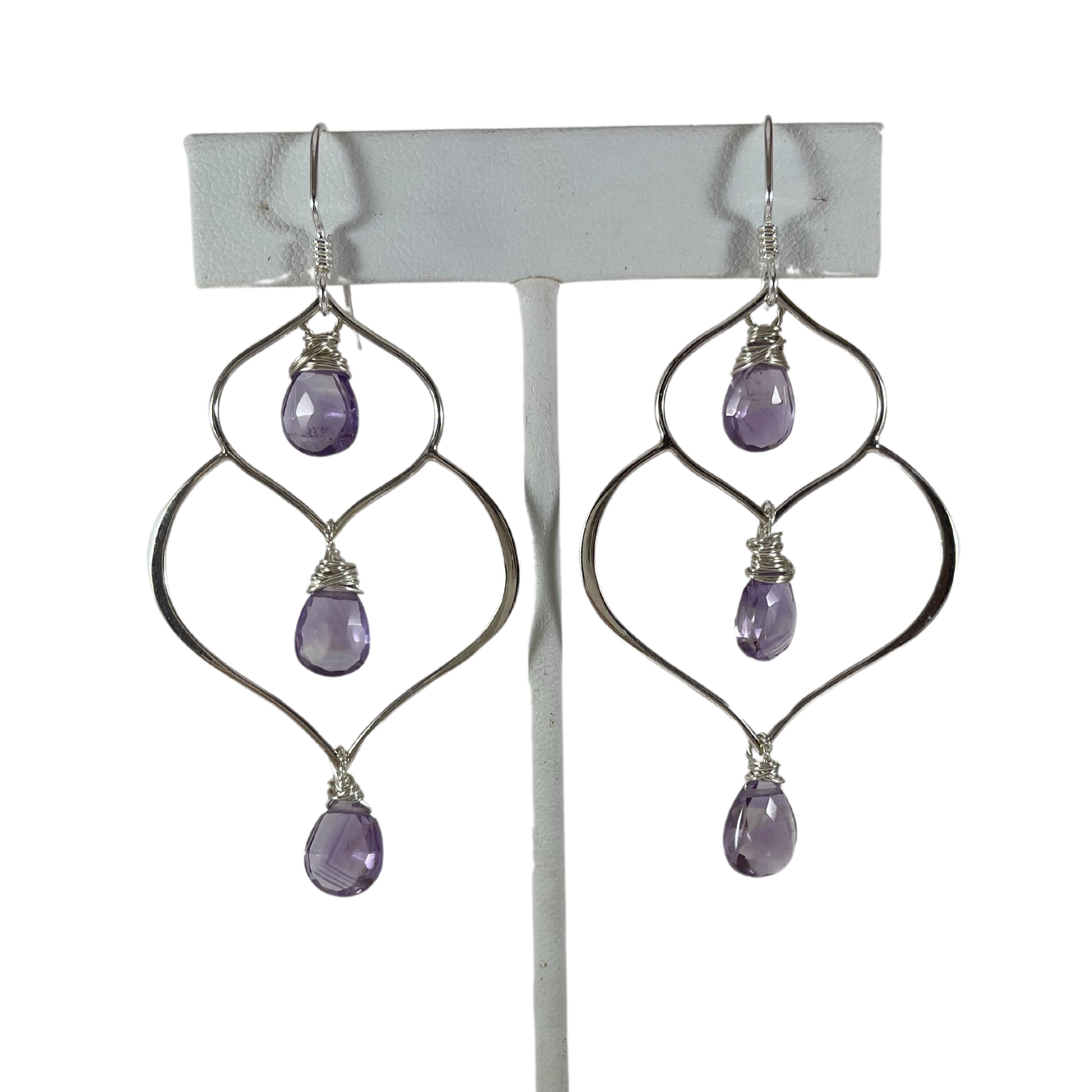 Amethyst Trio Drop Wire Wrapped Sterling Silver Earrings
