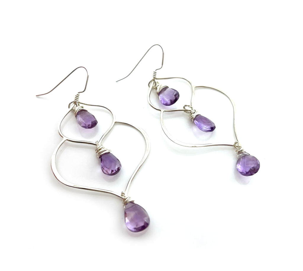 Amethyst Trio Drop Wire Wrapped Sterling Silver Earrings