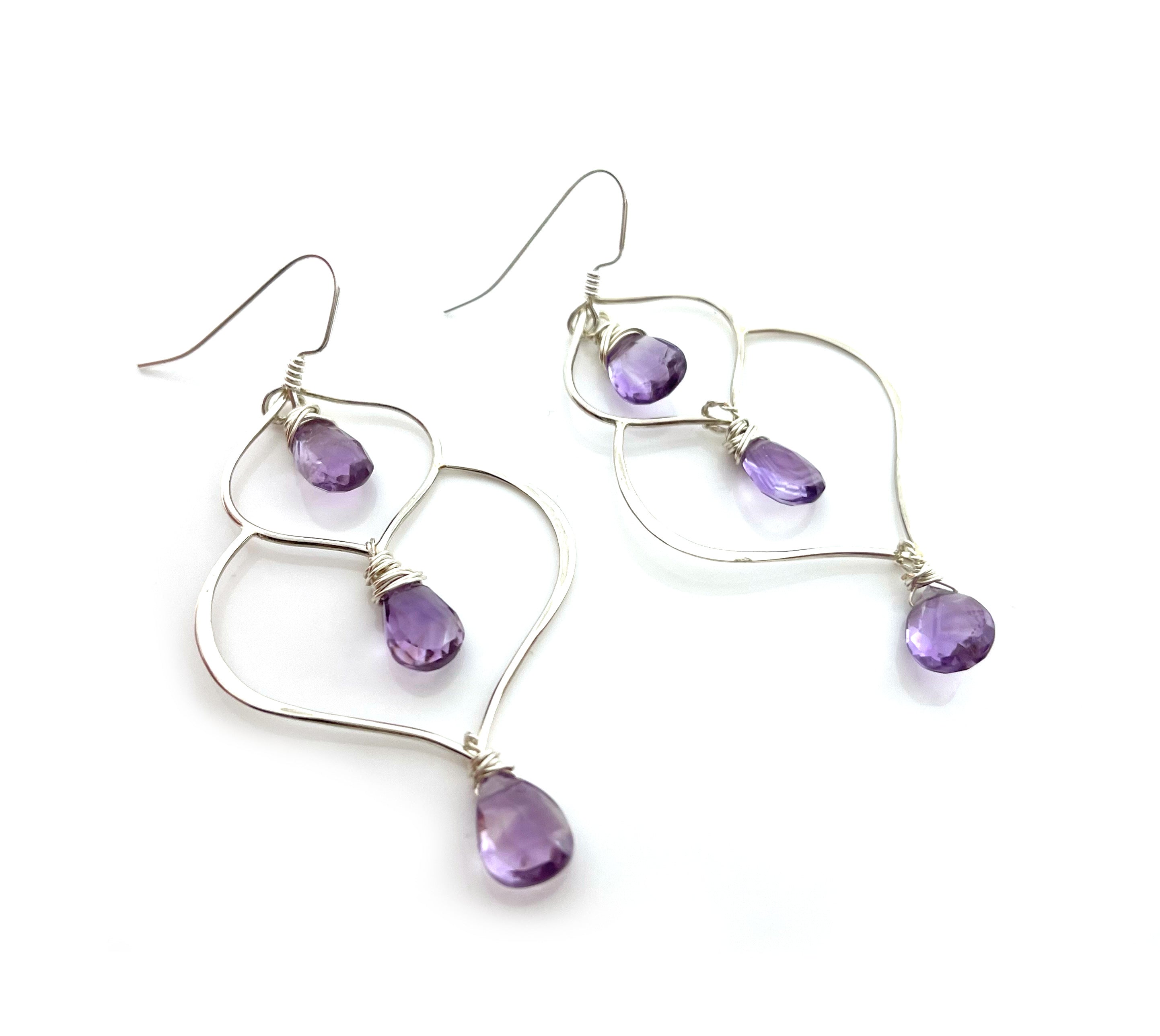 Amethyst Trio Drop Wire Wrapped Sterling Silver Earrings