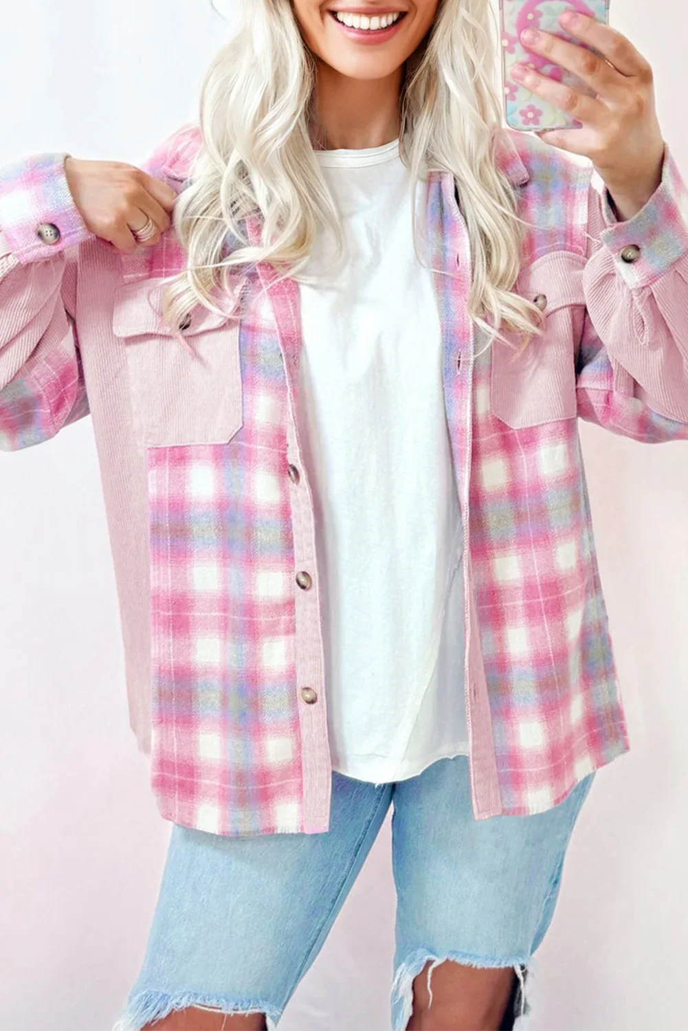 Plaid Corduroy Patchwork Flap Pocket Shacket Pink