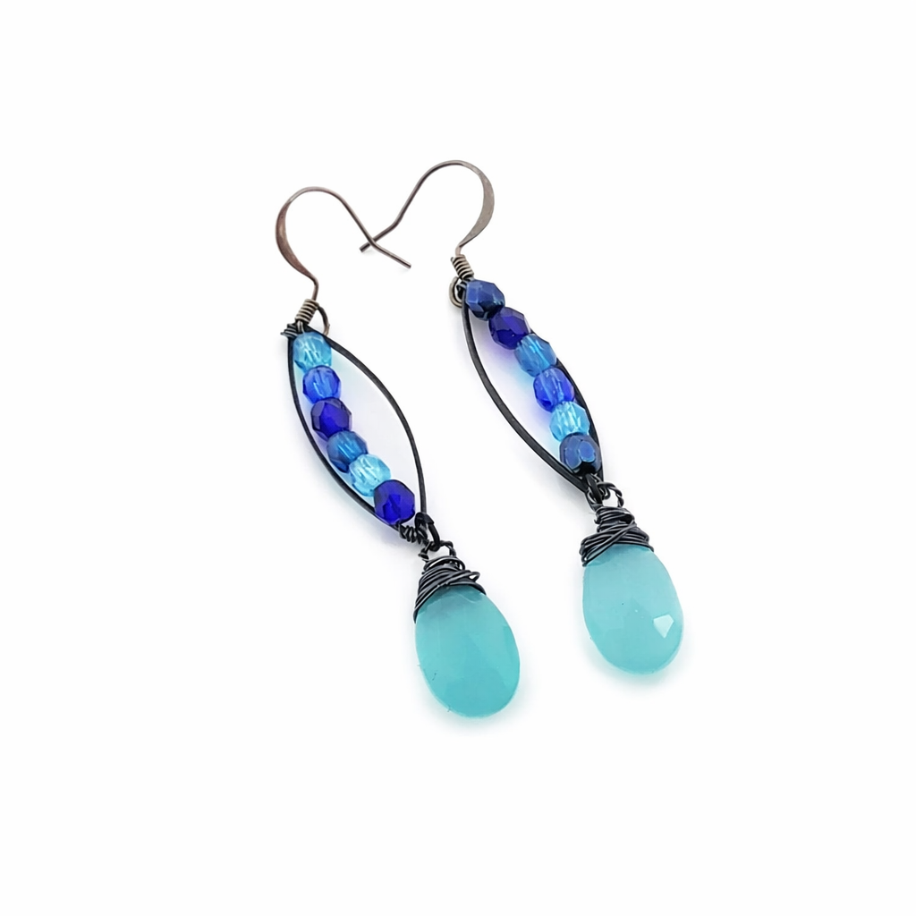 Blue Chalcedony & Czech Glass Dangle Earrings – Oxidized Sterling Silver