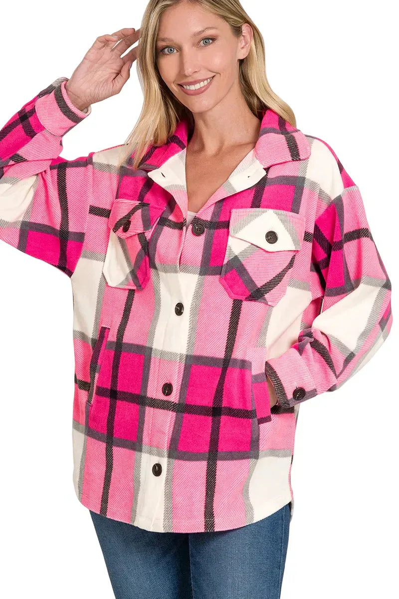 Oversized Plaid Fleece Shacket HOT PINK