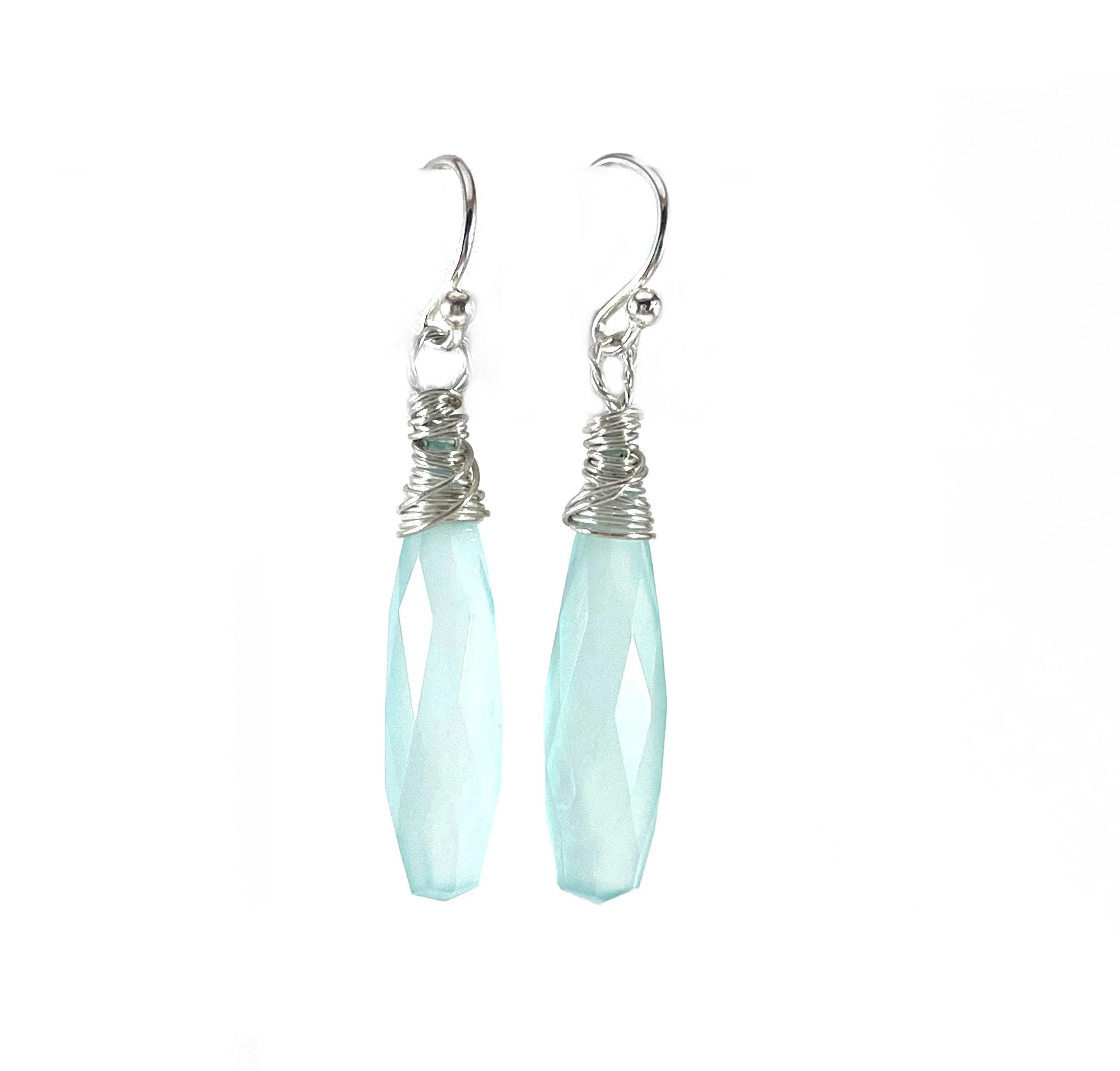 Aqua Chalcedony Long Briolette Wire Wrapped Earrings