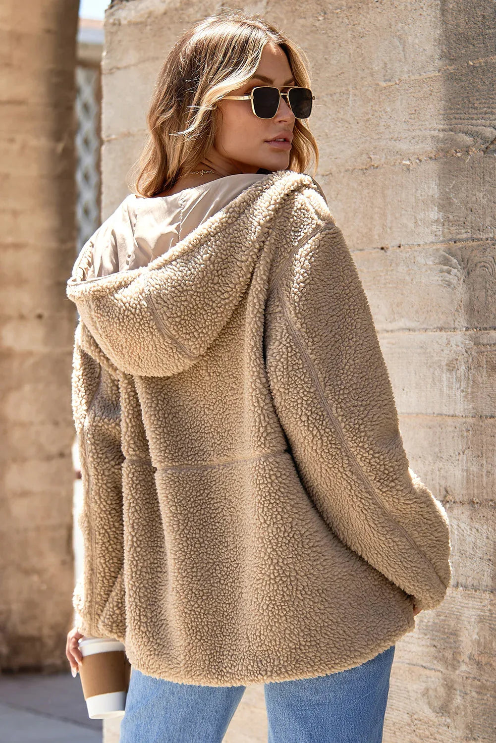 Solid Fleece Zip-Up Drawstring Pocketed Hooded Jacket